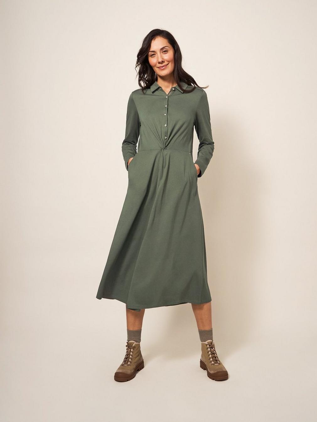 Jane Jersey Shirt Dress in DK GREEN - MODEL FRONT