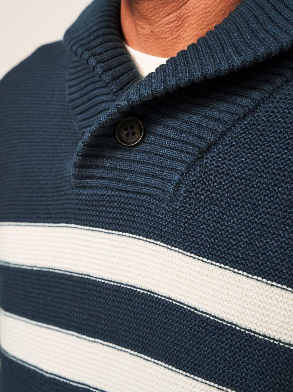 Breton Shawl Collar Jumper in DK TEAL - MODEL DETAIL