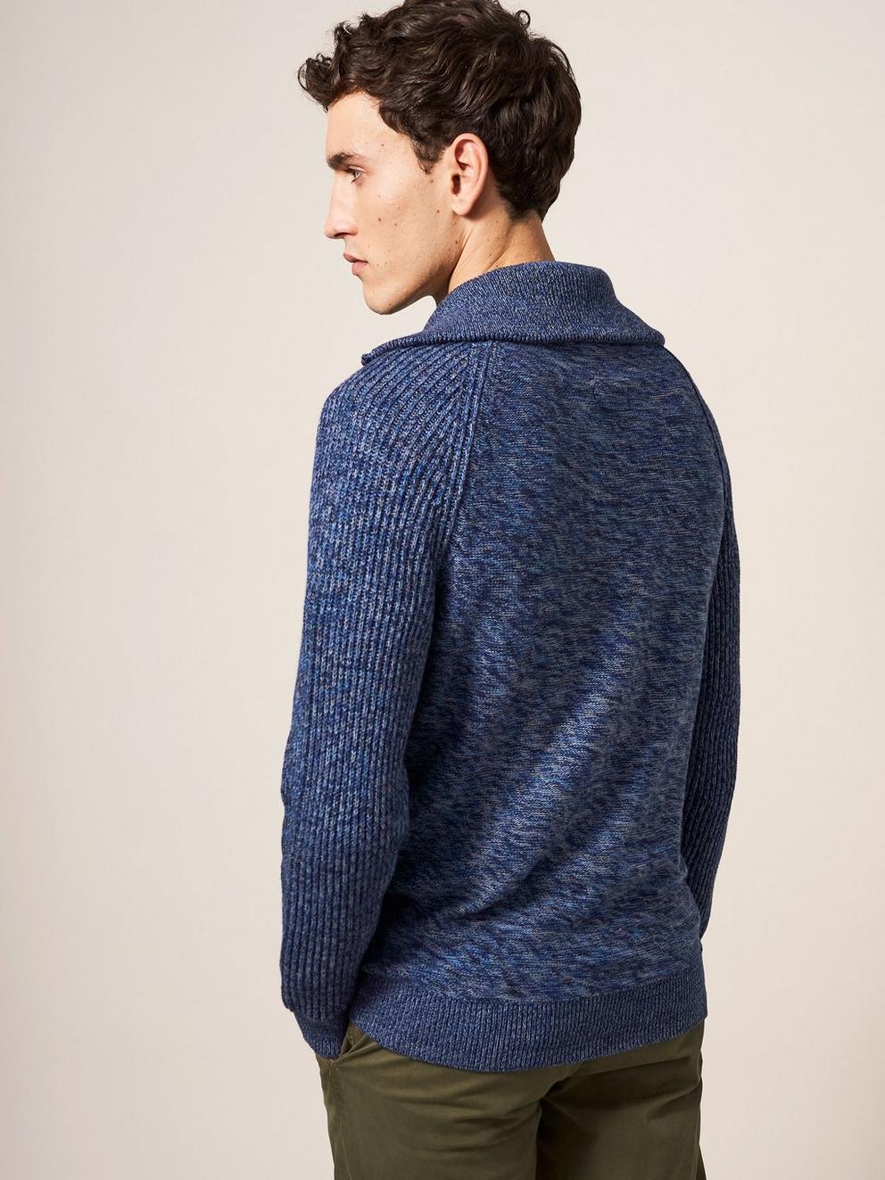 Lakewood Zip Neck Jumper in CHAMB BLUE - MODEL BACK