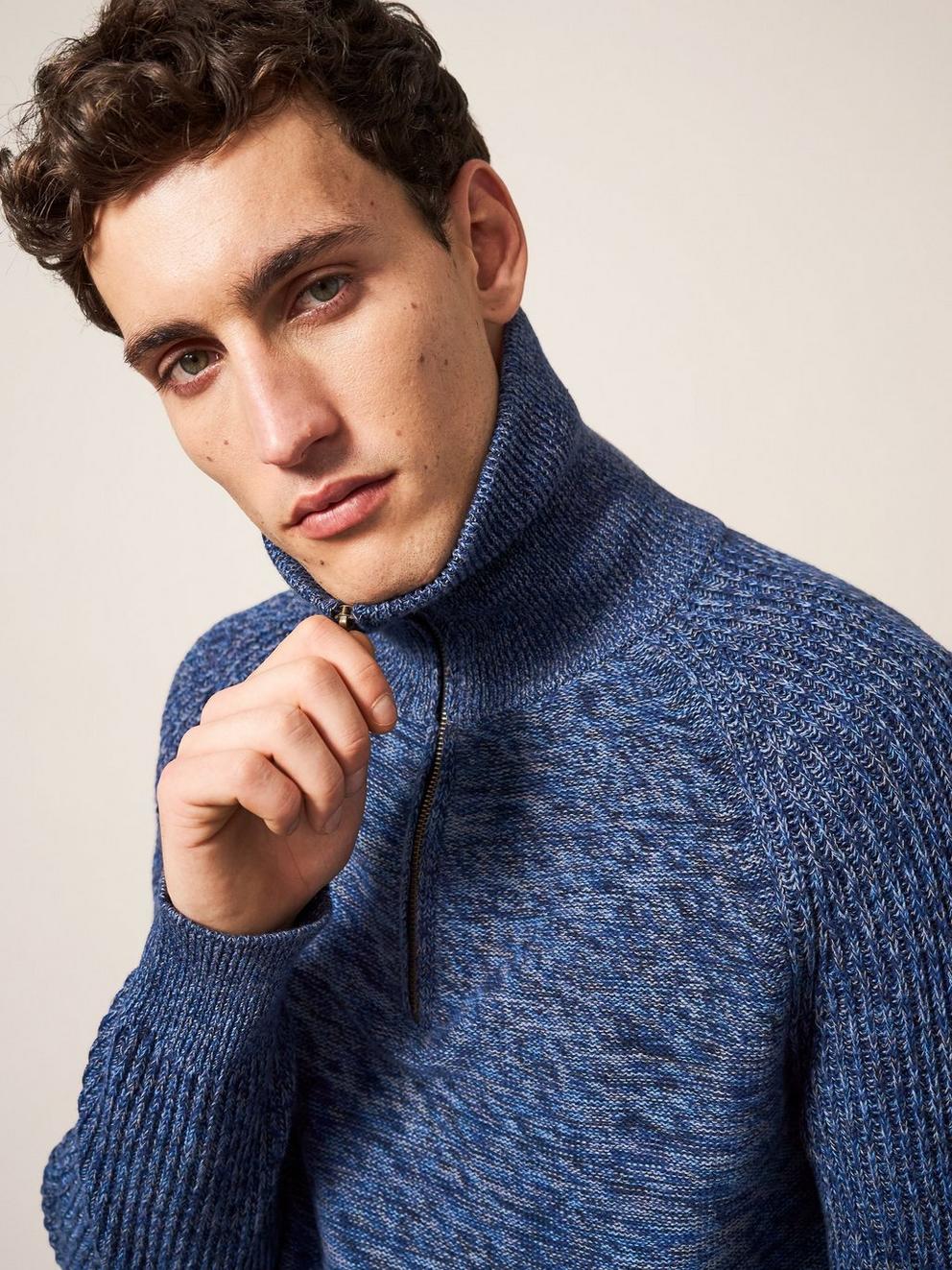 Lakewood Zip Neck Jumper in CHAMB BLUE - MODEL DETAIL