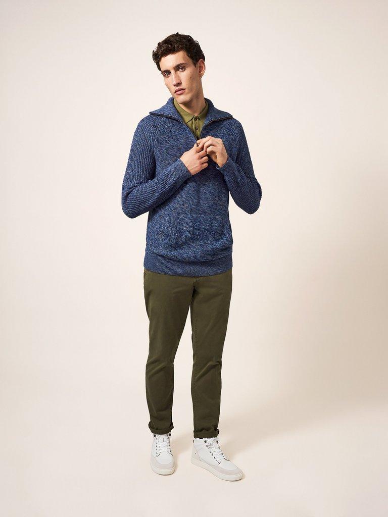 Lakewood Zip Neck Jumper in CHAMB BLUE - MODEL FRONT