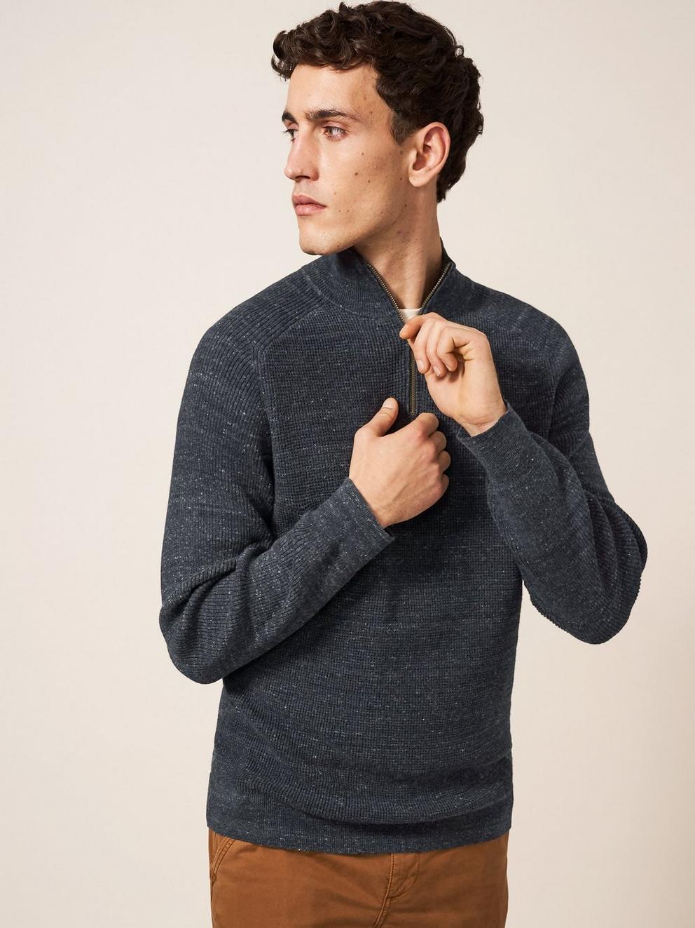 Barmouth Zip Neck Jumper in DARK GREY - MODEL DETAIL