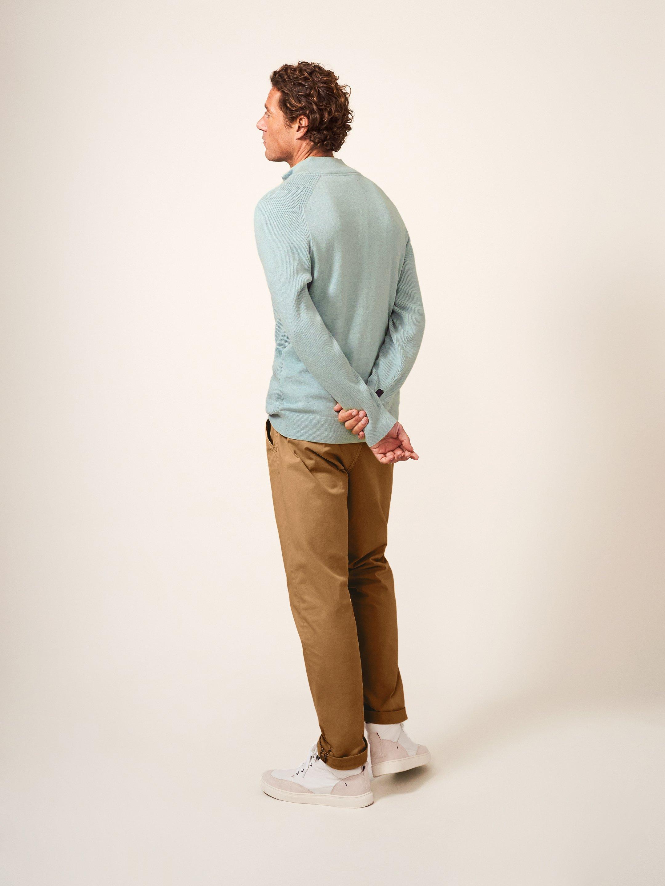 Barmouth Zip Neck Jumper in DUS GREEN - MODEL BACK