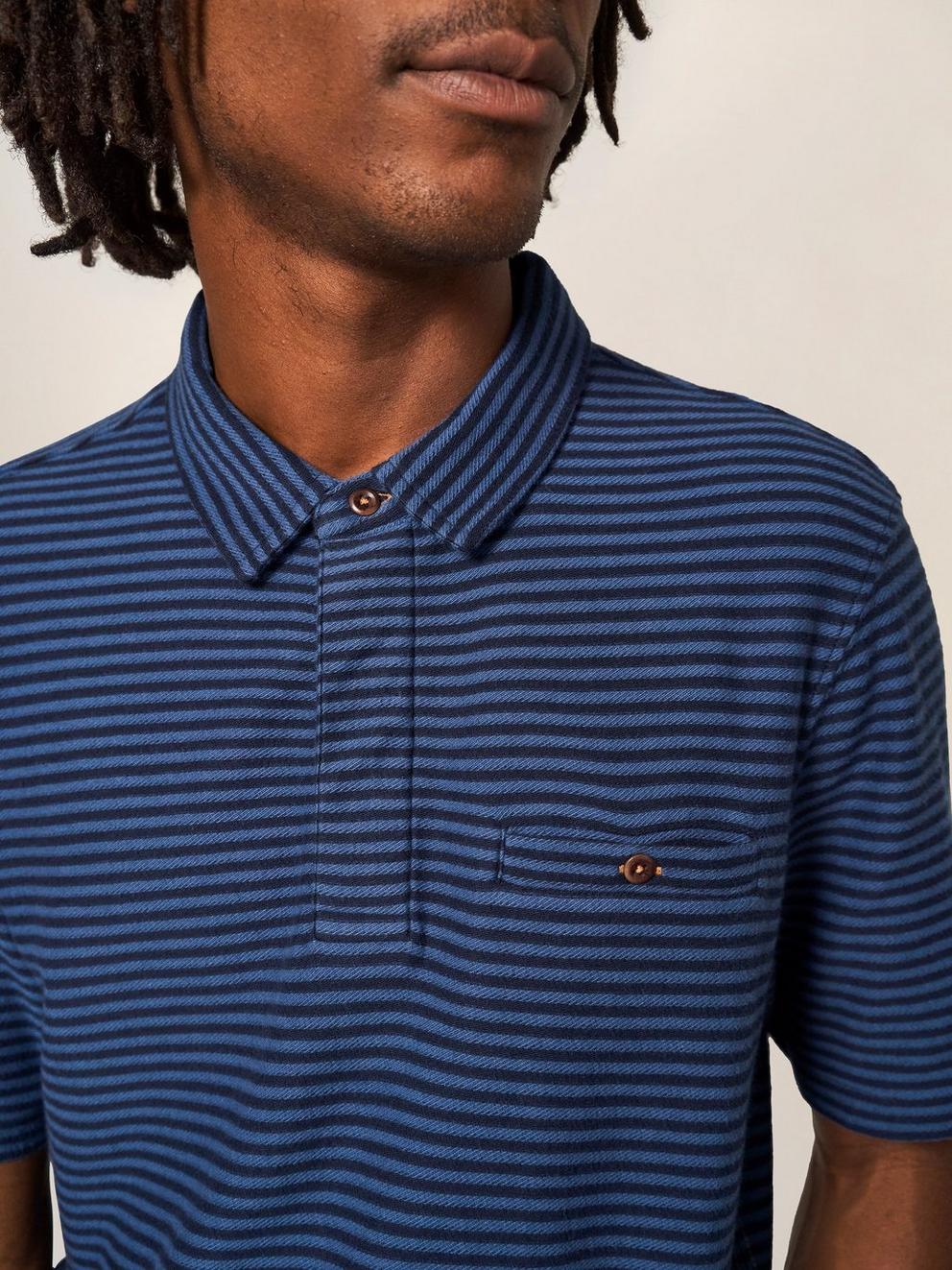 Burston Striped SS Polo in DARK NAVY - MODEL DETAIL