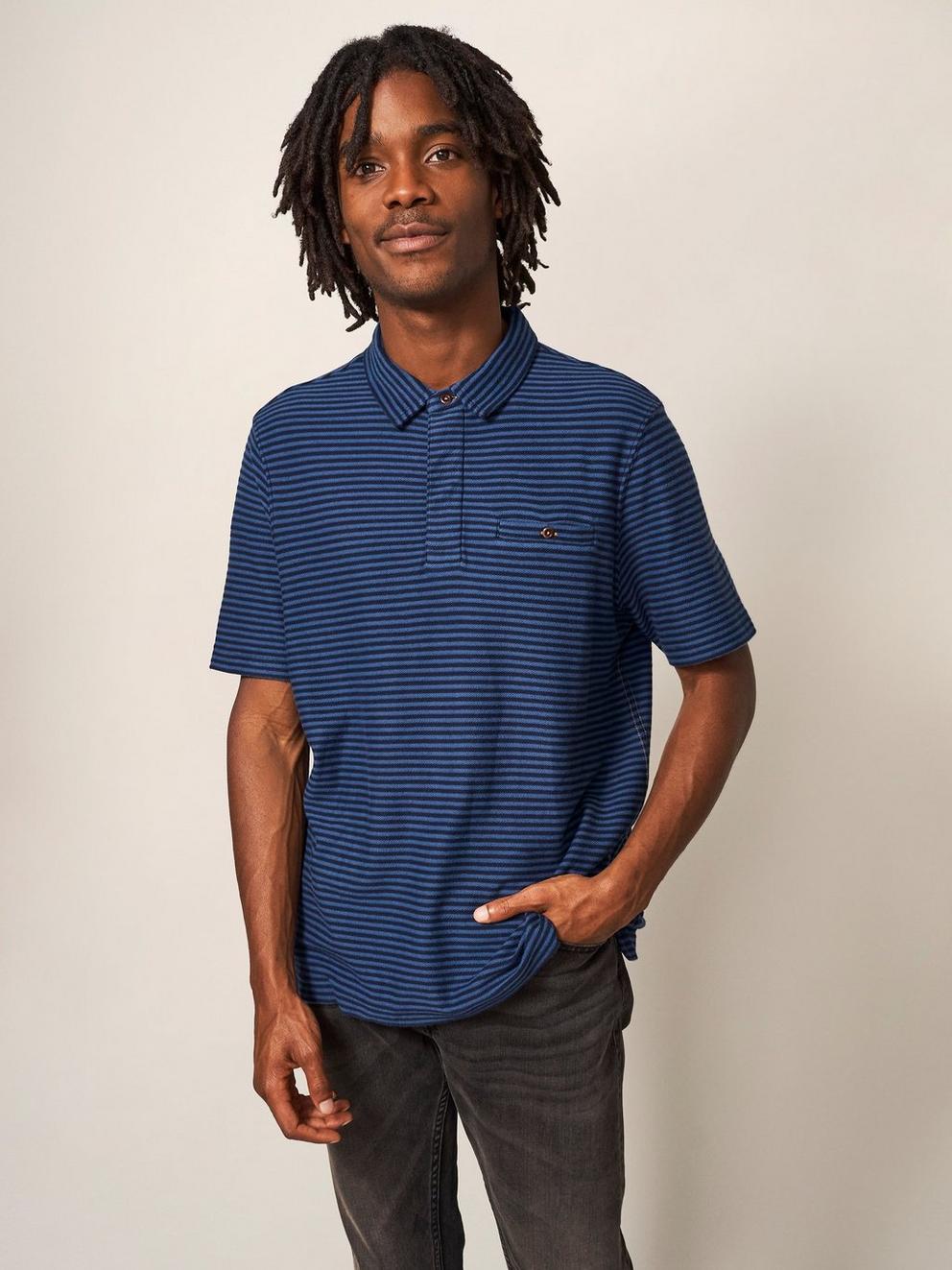 Burston Striped SS Polo in DARK NAVY - MODEL FRONT