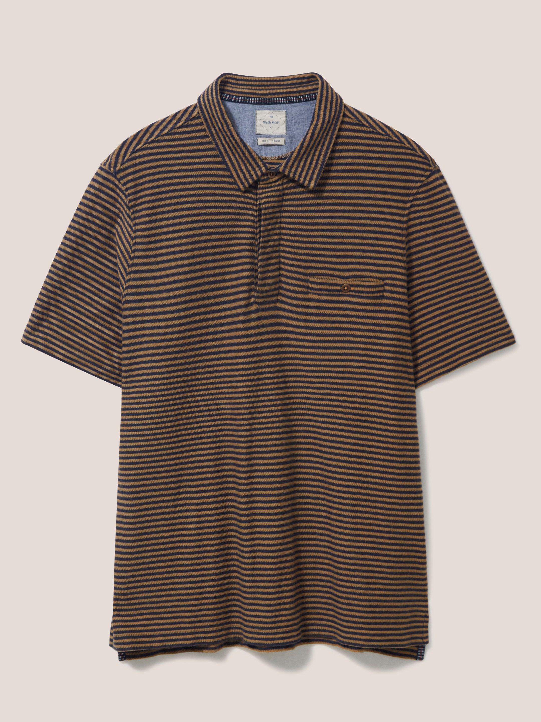 Burston Striped SS Polo in MID BROWN - FLAT FRONT