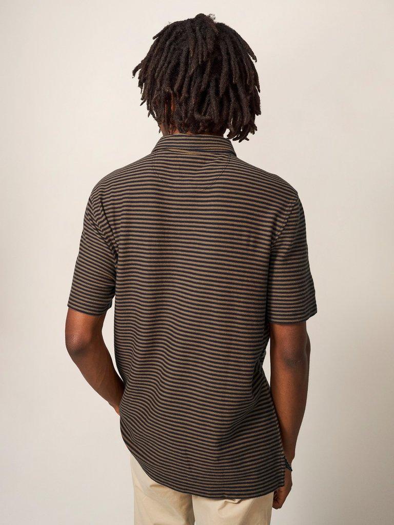 Burston Striped SS Polo in MID BROWN - MODEL BACK