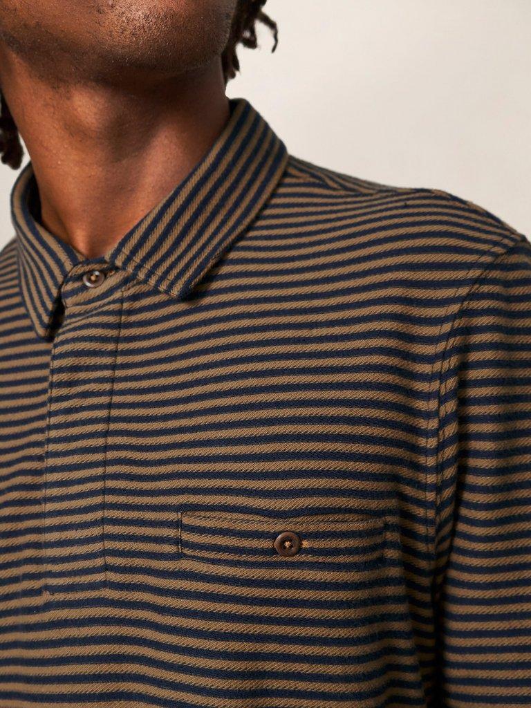 Burston Striped SS Polo in MID BROWN - MODEL DETAIL