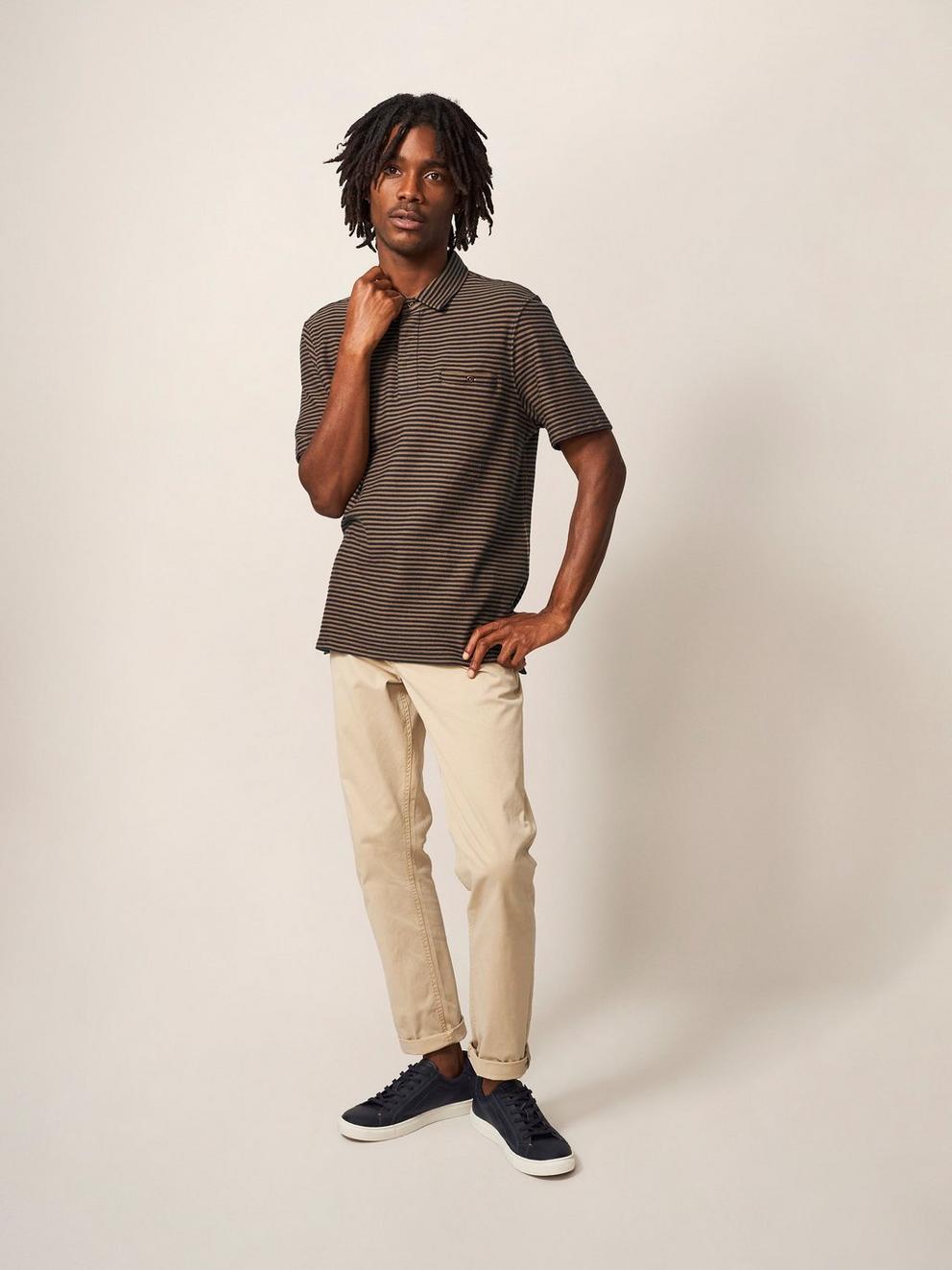 Burston Striped SS Polo in MID BROWN - MODEL FRONT