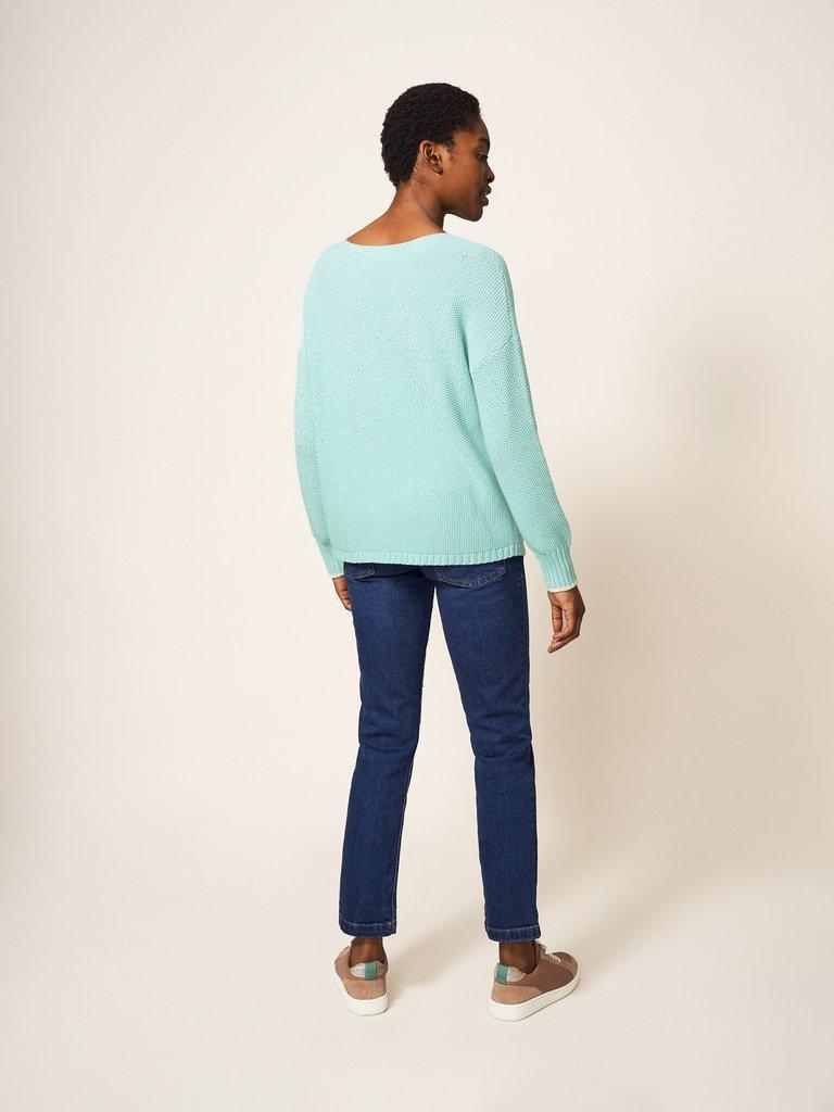 Southbank Knitted Jumper in LGT TEAL - MODEL BACK