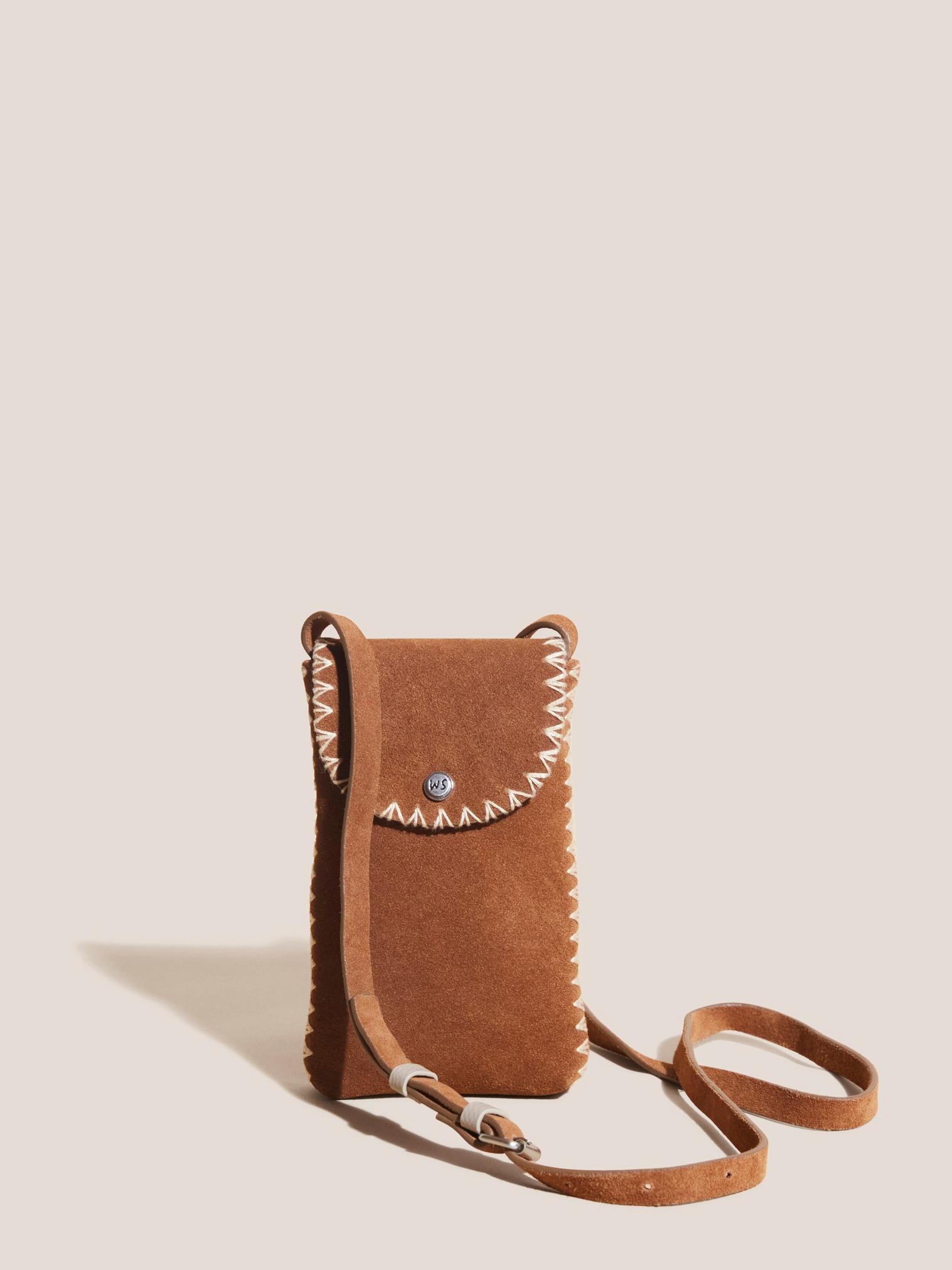 Craft Leather Phone Bag in TAN MULTI - MODEL FRONT