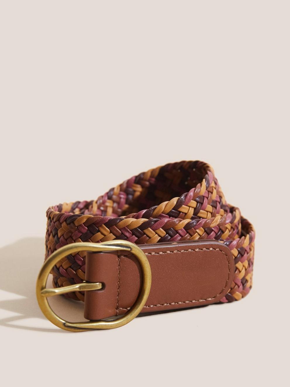 Woven Leather Belt in TAN MULTI - MODEL FRONT