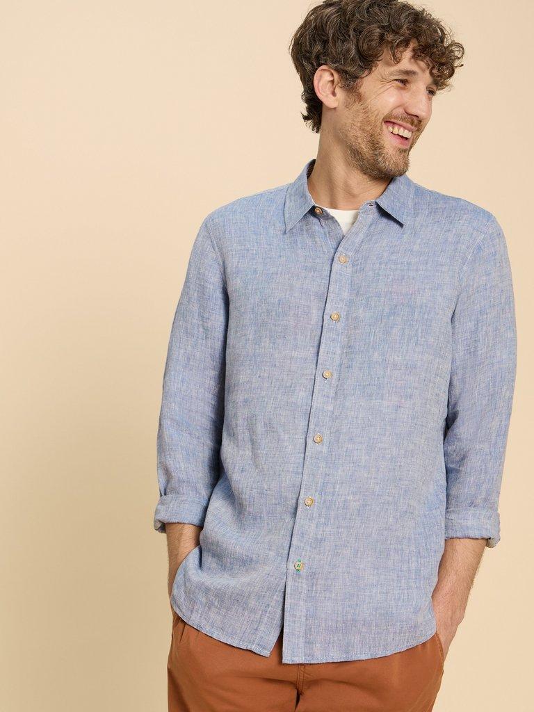 Pembroke LS Linen Shirt in CHAMB BLUE - MODEL DETAIL