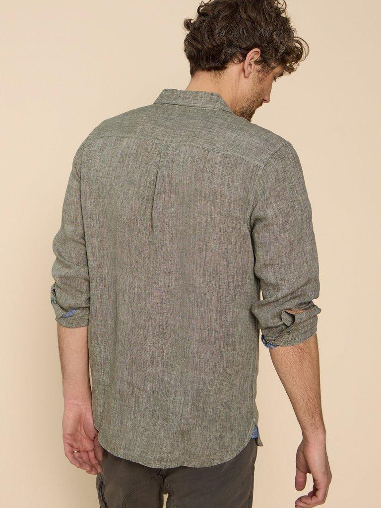 Pembroke LS Linen Shirt in KHAKI GRN - MODEL BACK