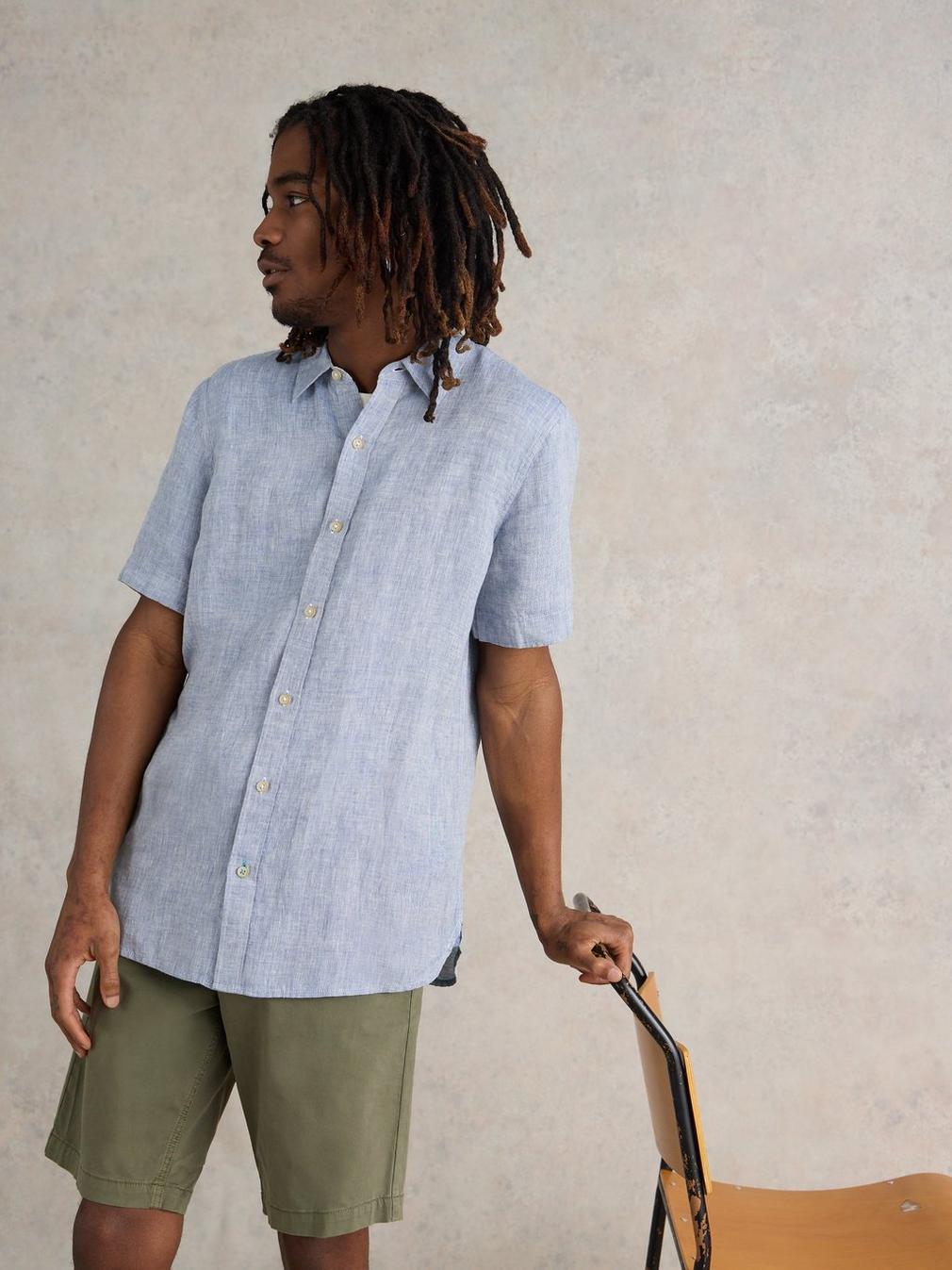 Pembroke SS Linen Shirt in CHAMB BLUE - MODEL FRONT