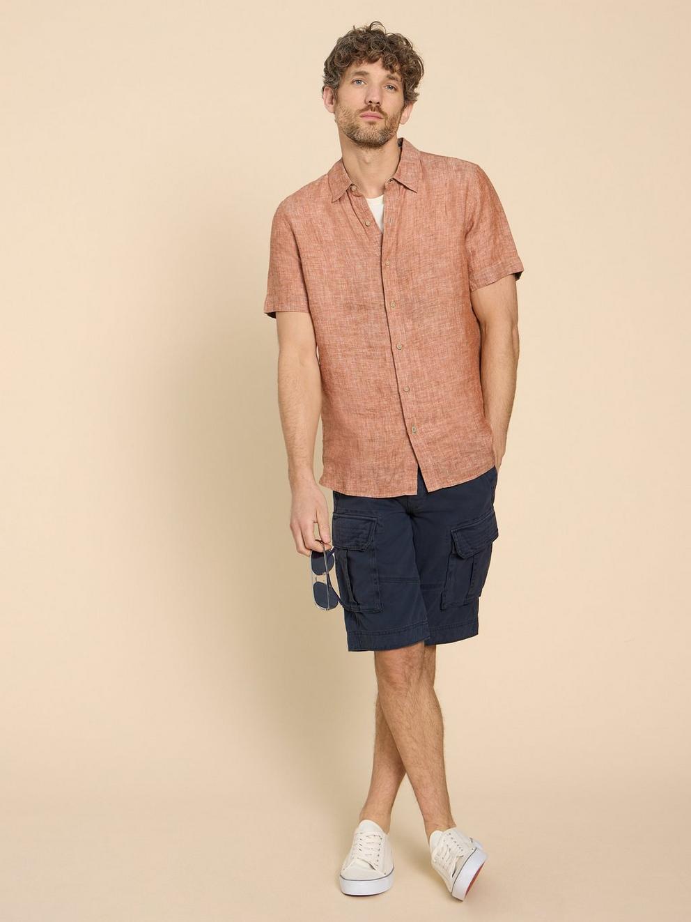 Pembroke SS Linen Shirt in DK ORANGE - MODEL FRONT