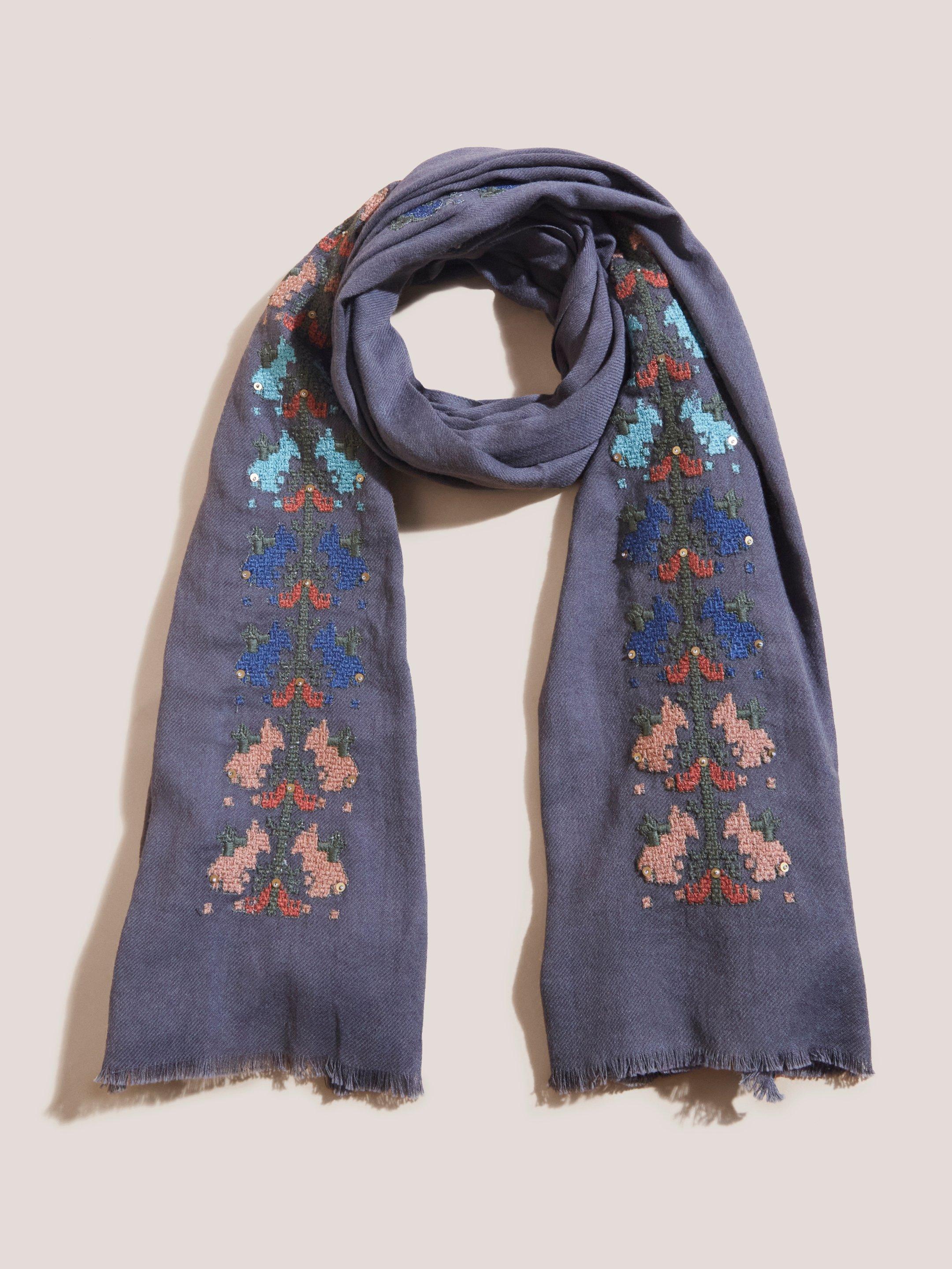 Embroidered Cotton Wool Scarf in CHARC GREY - FLAT BACK