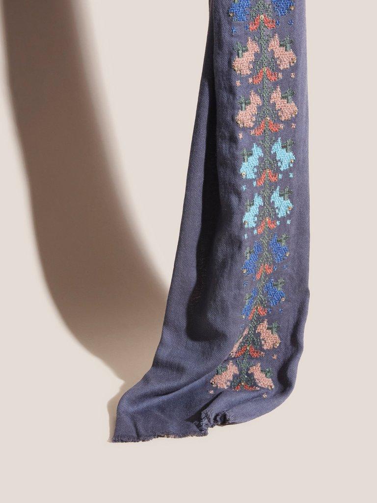 Embroidered Cotton Wool Scarf in CHARC GREY - FLAT FRONT