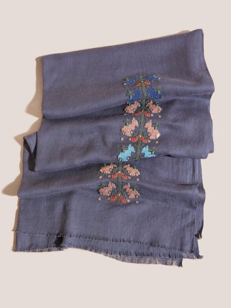 Embroidered Cotton Wool Scarf in CHARC GREY - MODEL FRONT