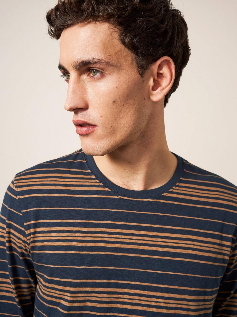 Abersoch Stripe LS Tee in DARK NAVY - MODEL DETAIL