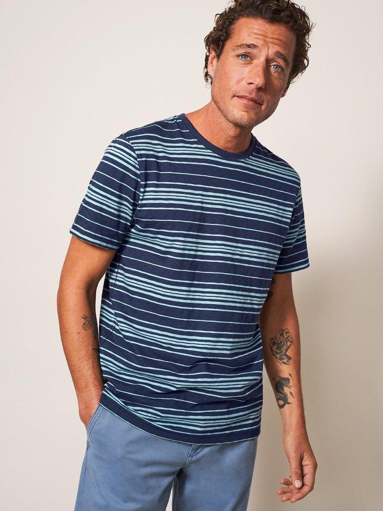 Abersoch Stripe SS Tee in DARK NAVY - LIFESTYLE