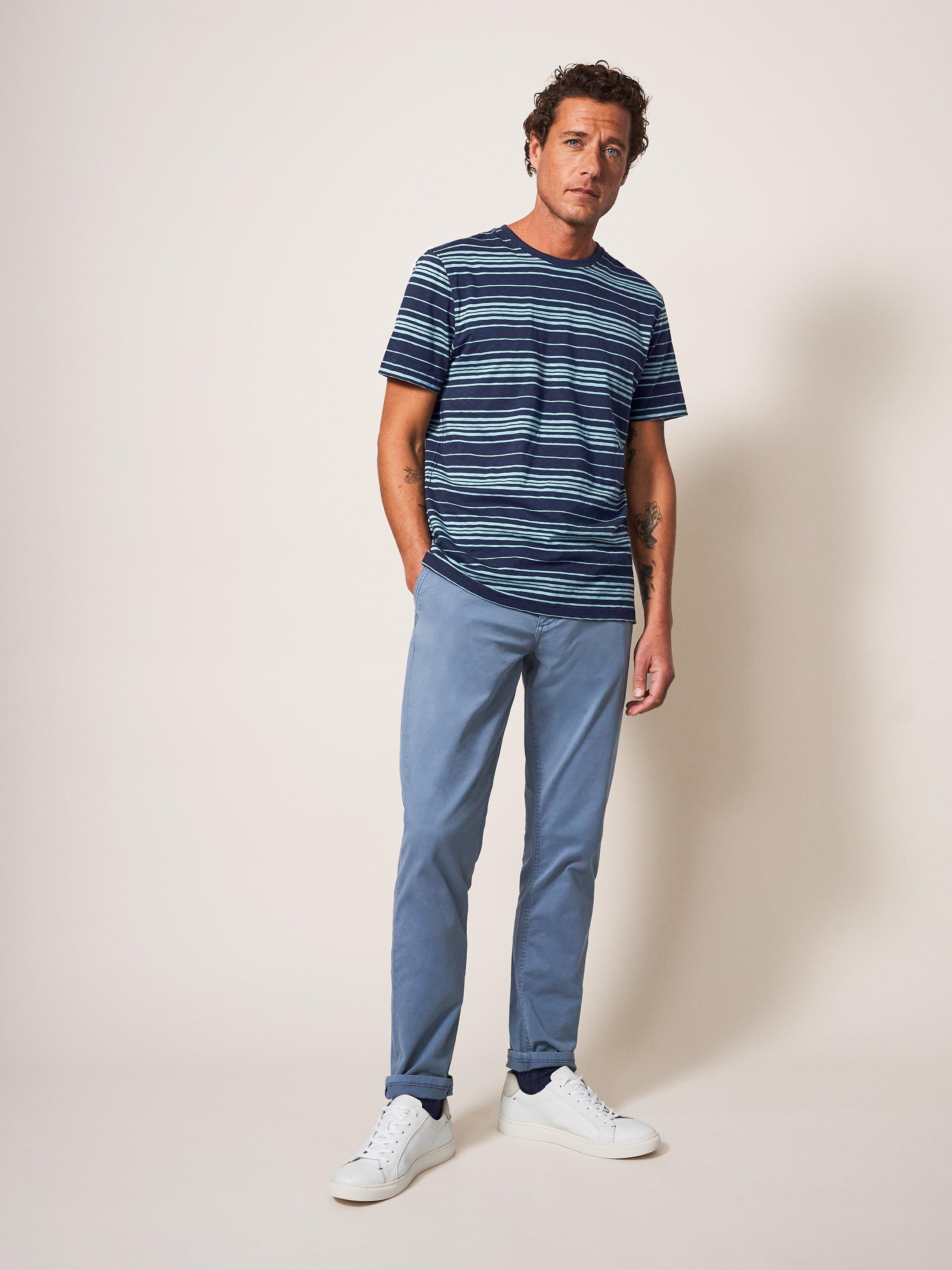 Abersoch Stripe SS Tee in DARK NAVY - MODEL FRONT