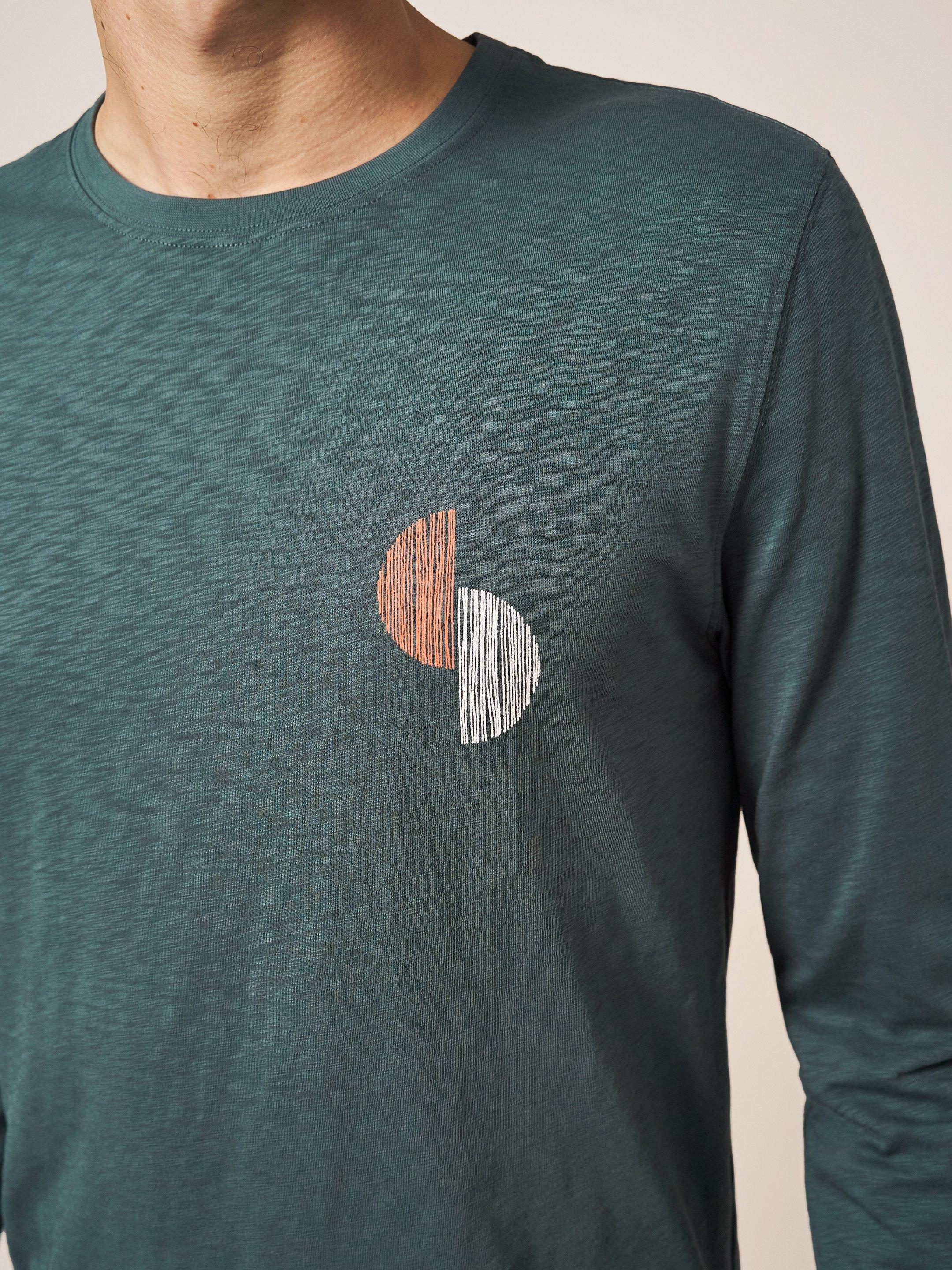 Abstract Art LS Graphic Tee in DARK TEAL - MODEL DETAIL