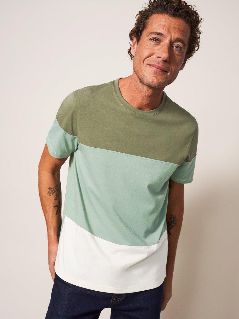 Linwood Colourblock SS Tee in DUS GREEN - MODEL DETAIL