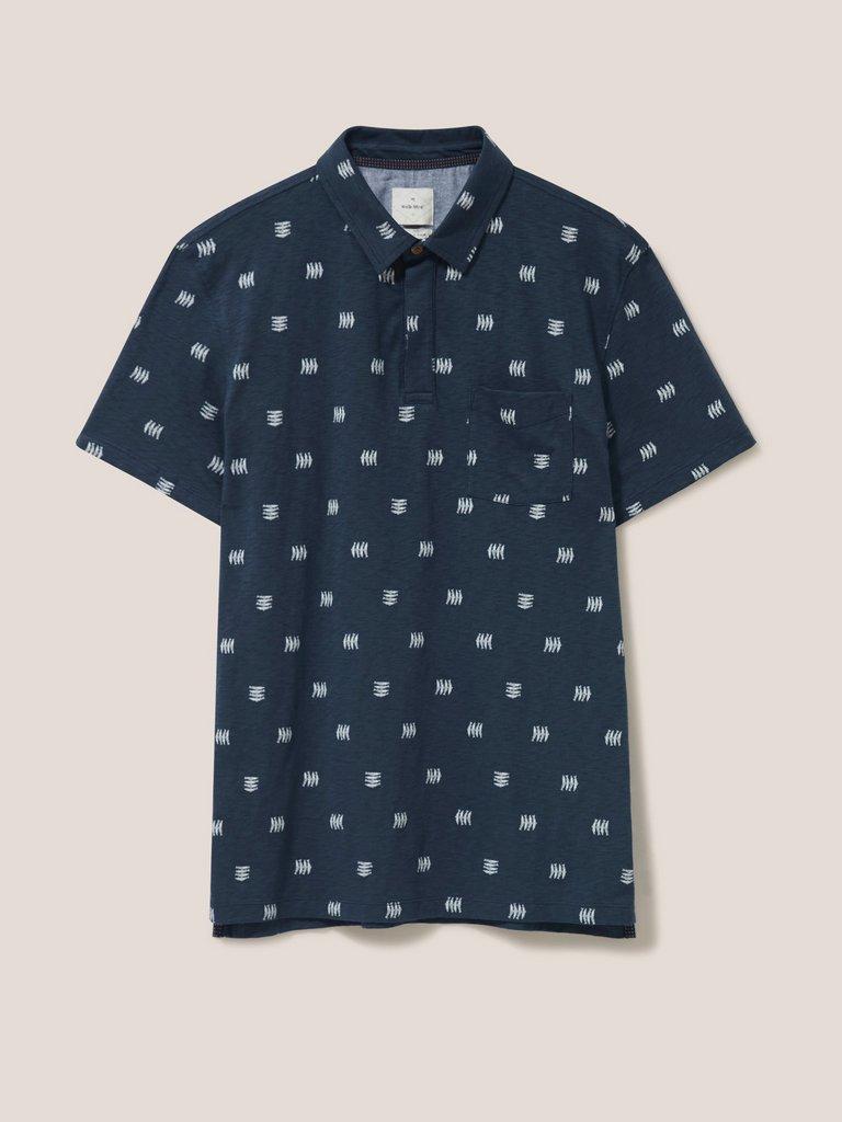 Sardine Printed SS Polo in NAVY - FLAT FRONT