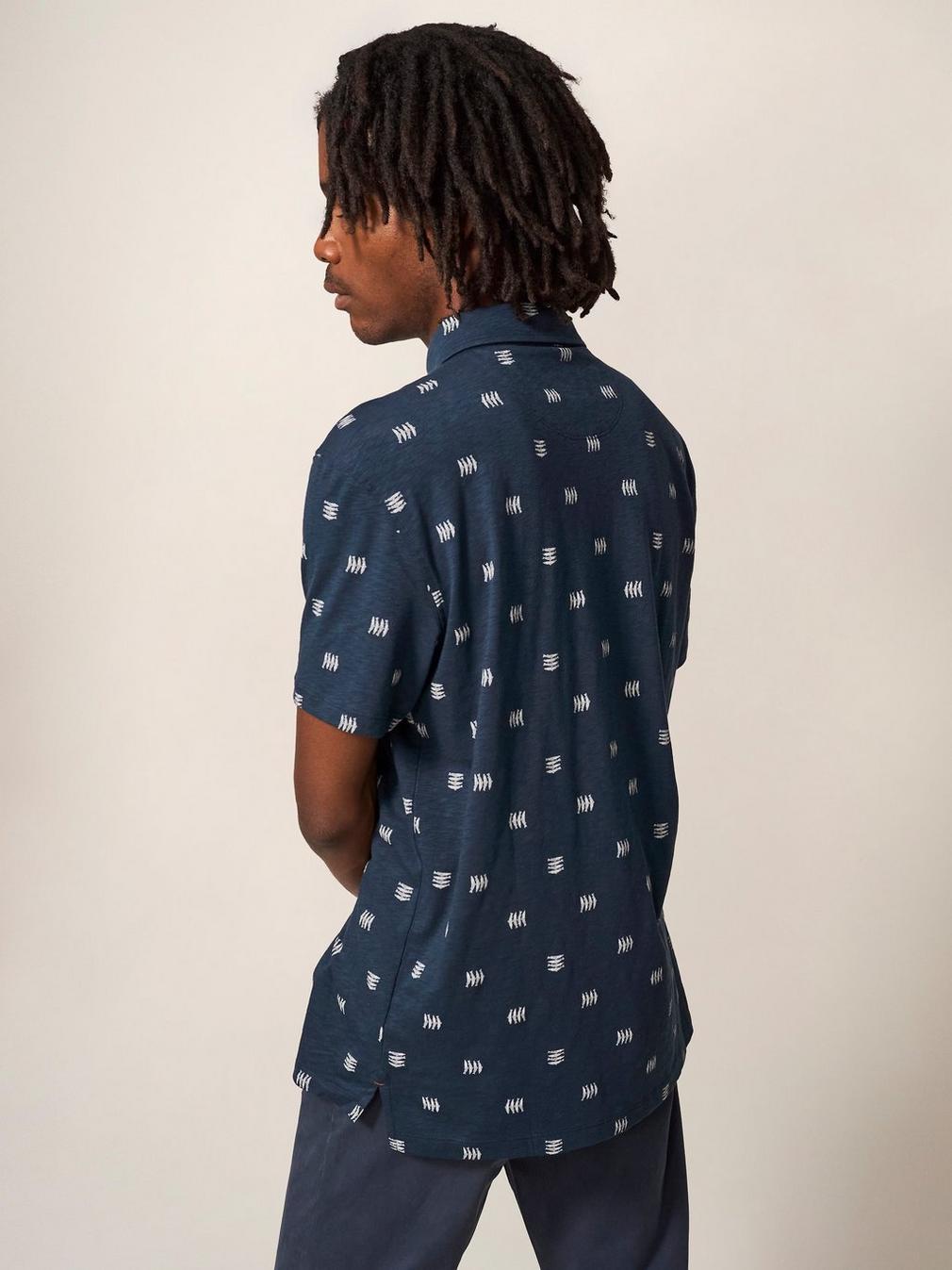 Sardine Printed SS Polo in NAVY - MODEL BACK