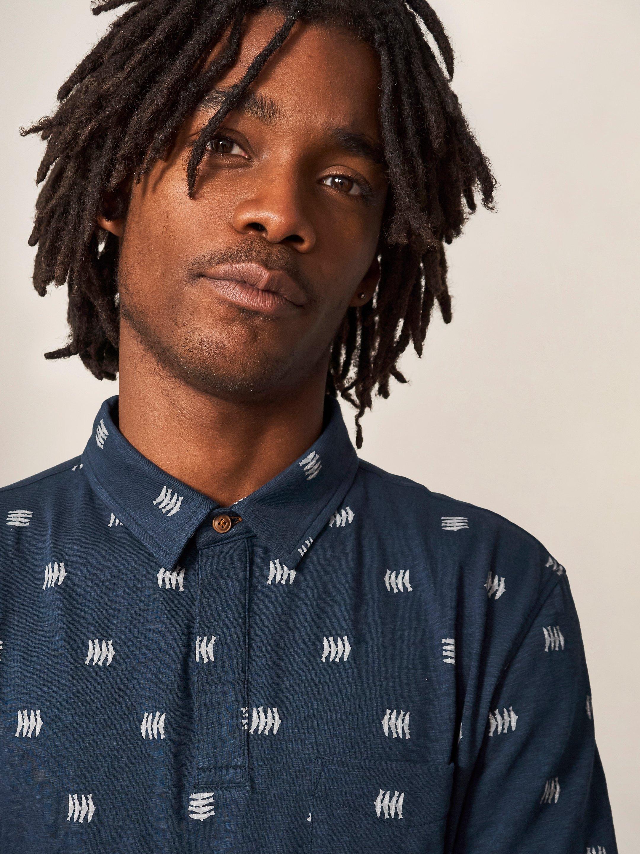 Sardine Printed SS Polo in NAVY - MODEL DETAIL