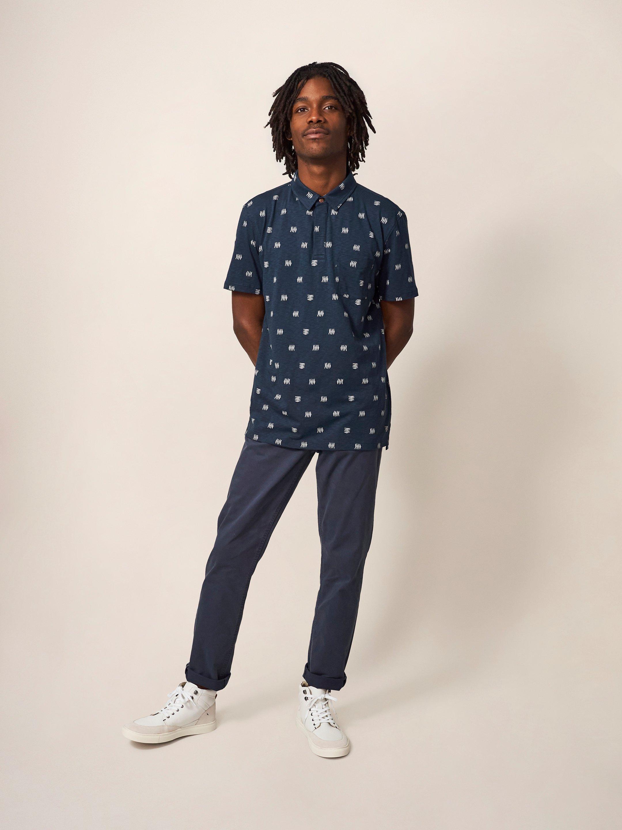 Sardine Printed SS Polo in NAVY - MODEL FRONT