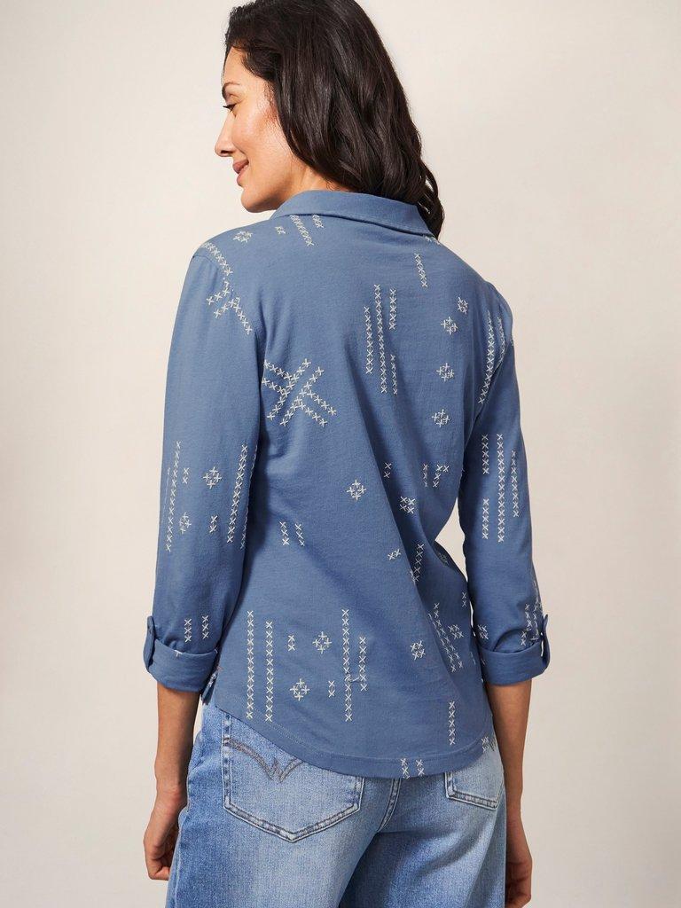 ANNIE EMBROIDERED JERSEY SHIRT in BLUE MLT - MODEL BACK