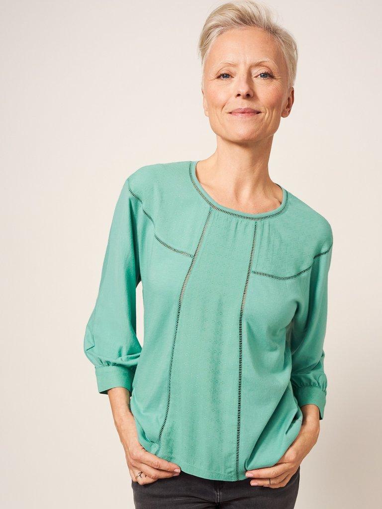 MOLLIE JERSEY MIX TOP in MID TEAL - LIFESTYLE
