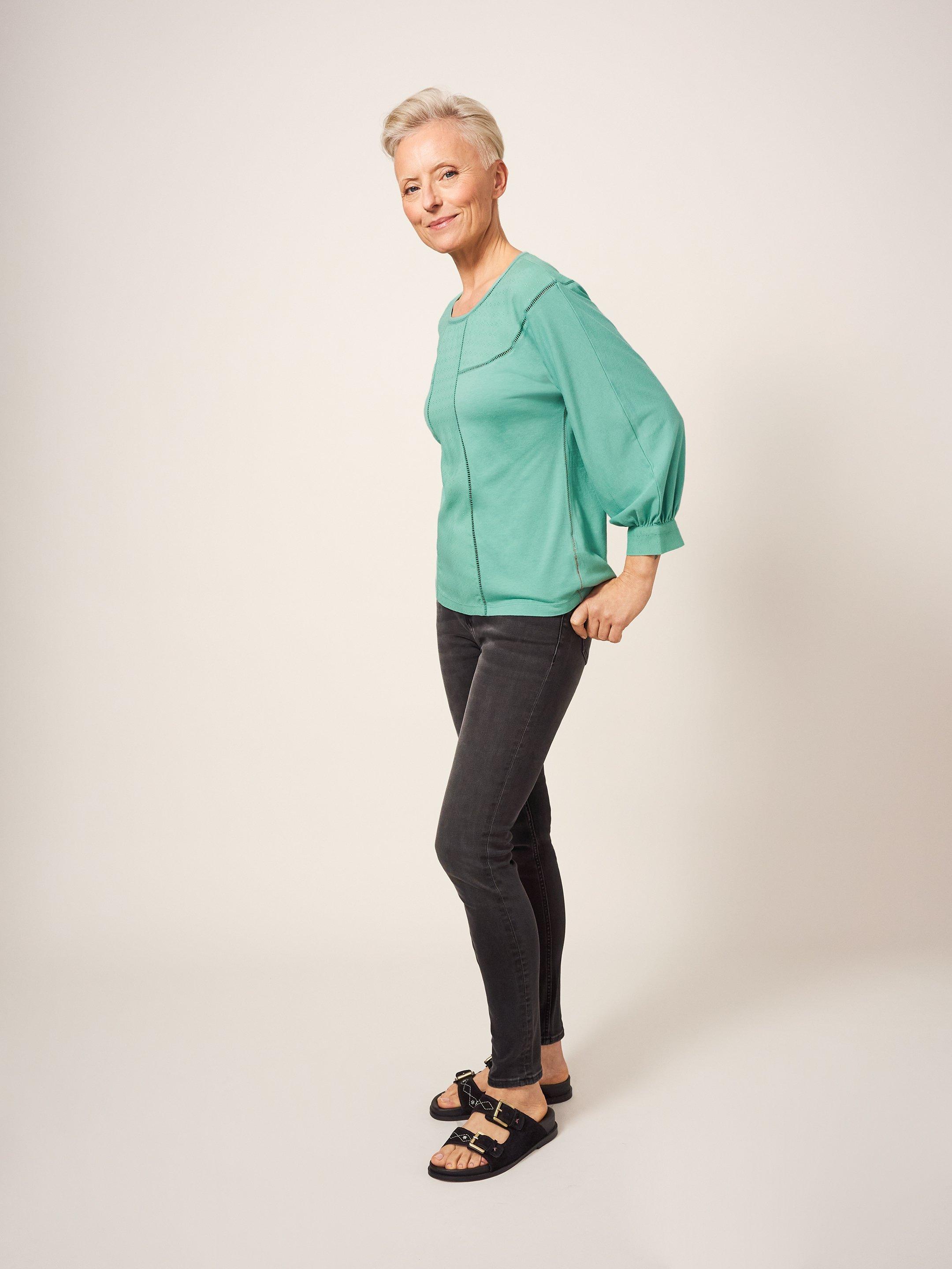MOLLIE JERSEY MIX TOP in MID TEAL - MODEL FRONT