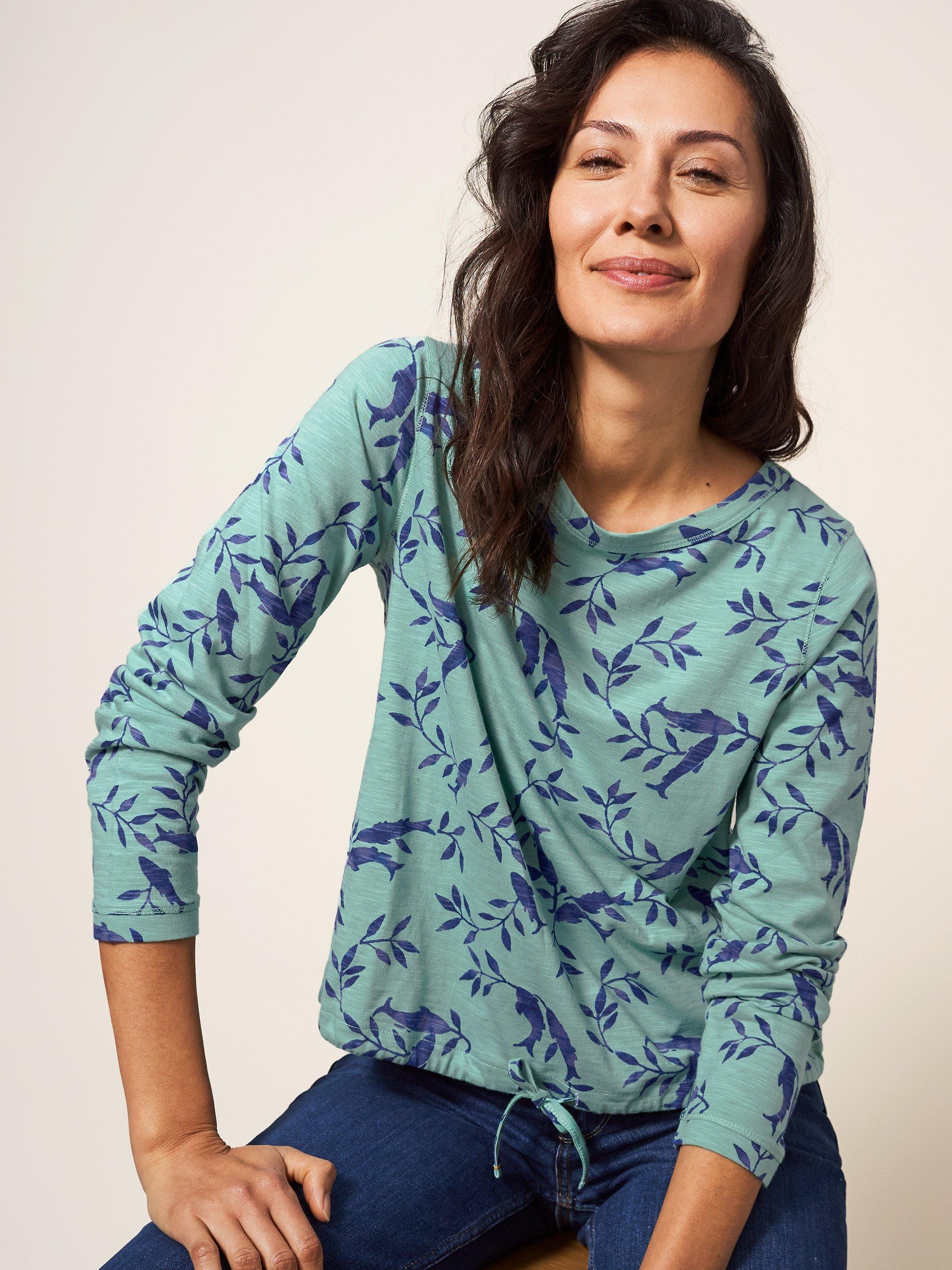 TIPPIE TIE HEM TOP in TEAL PRINT White Stuff