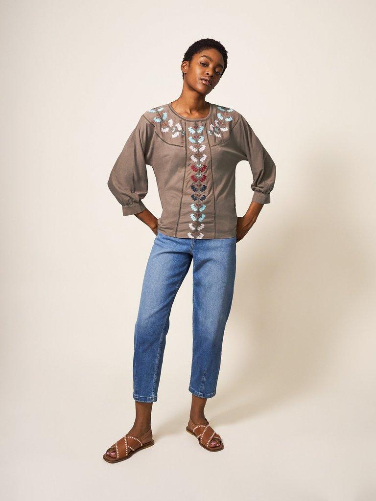 MOLLIE EMBROIDERED TOP in NAT MLT - MODEL FRONT