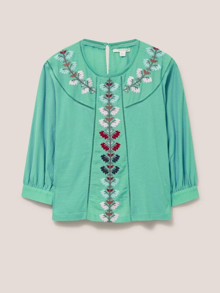 MOLLIE EMBROIDERED TOP in TEAL MLT - FLAT FRONT