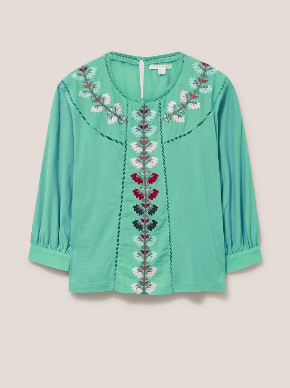 MOLLIE EMBROIDERED TOP in TEAL MLT - FLAT FRONT