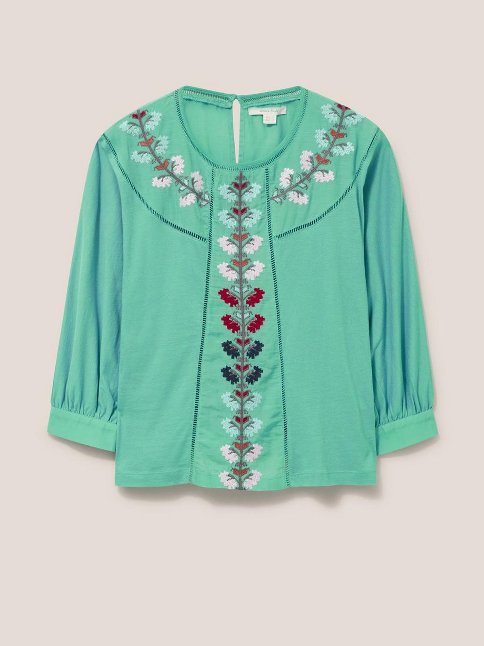 MOLLIE EMBROIDERED TOP in TEAL MLT - FLAT FRONT