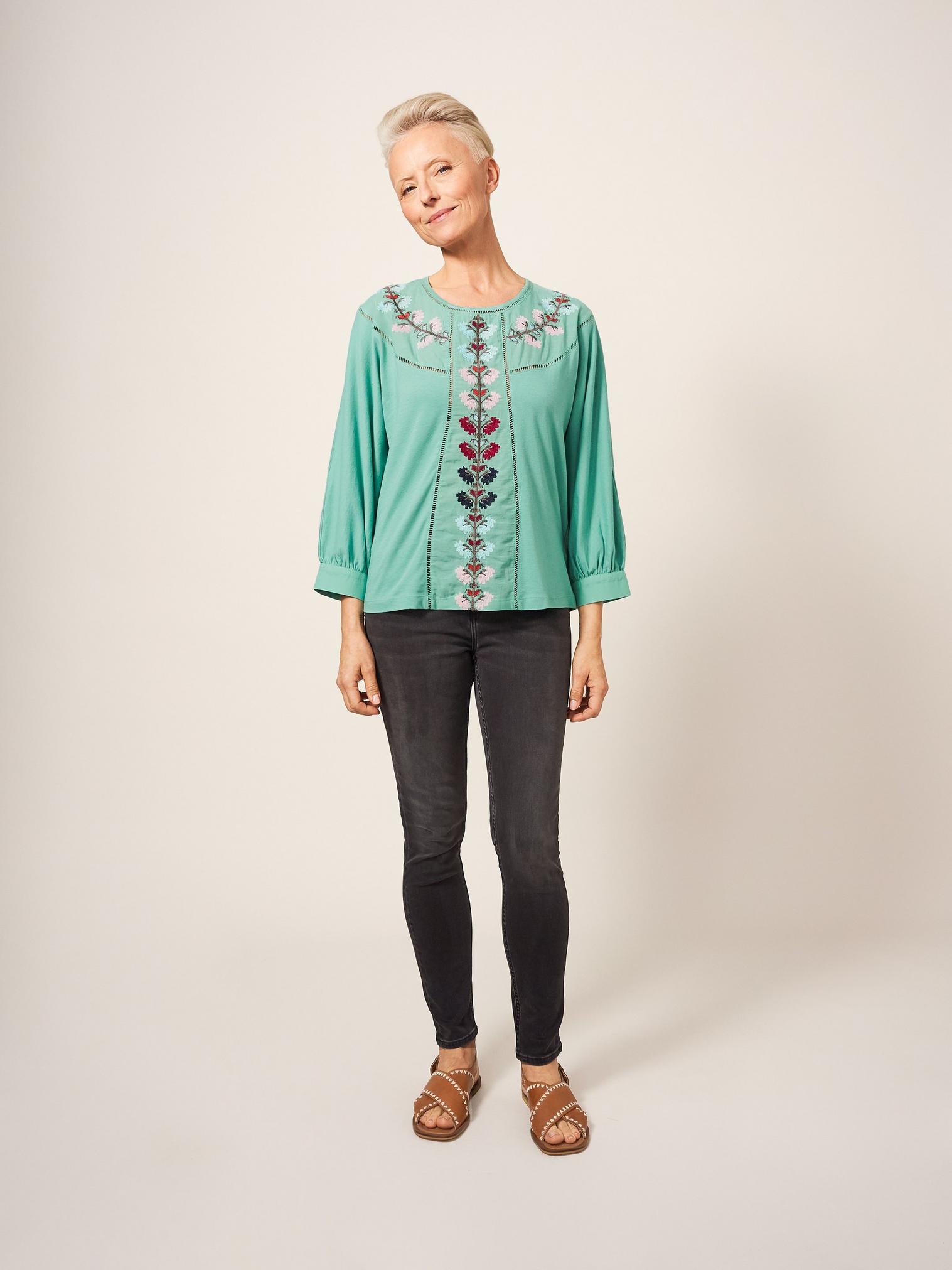 MOLLIE EMBROIDERED TOP in TEAL MLT - LIFESTYLE