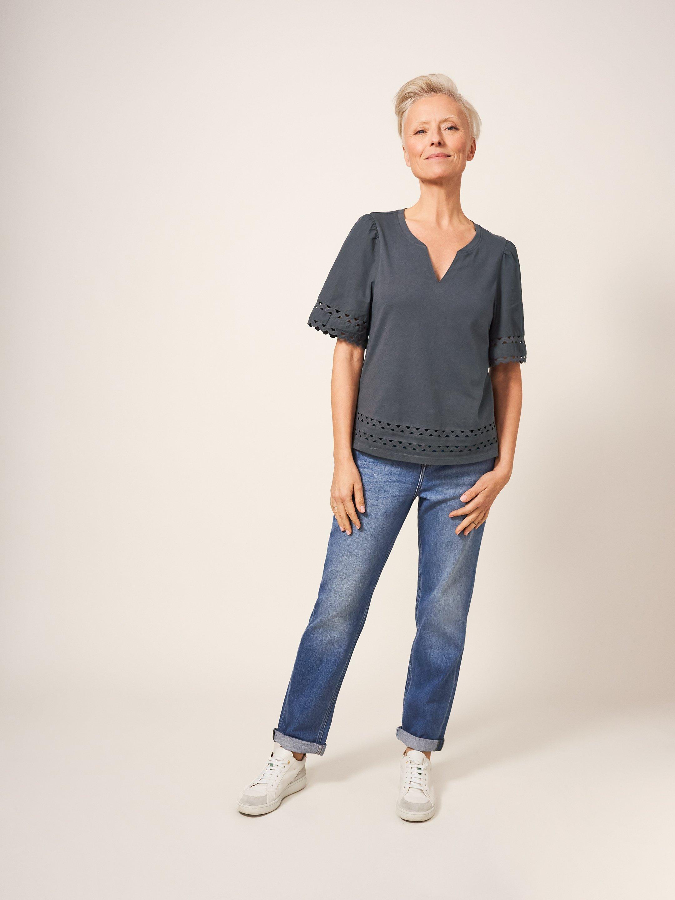 SAGE TRIM TOP in CHARC GREY - MODEL FRONT
