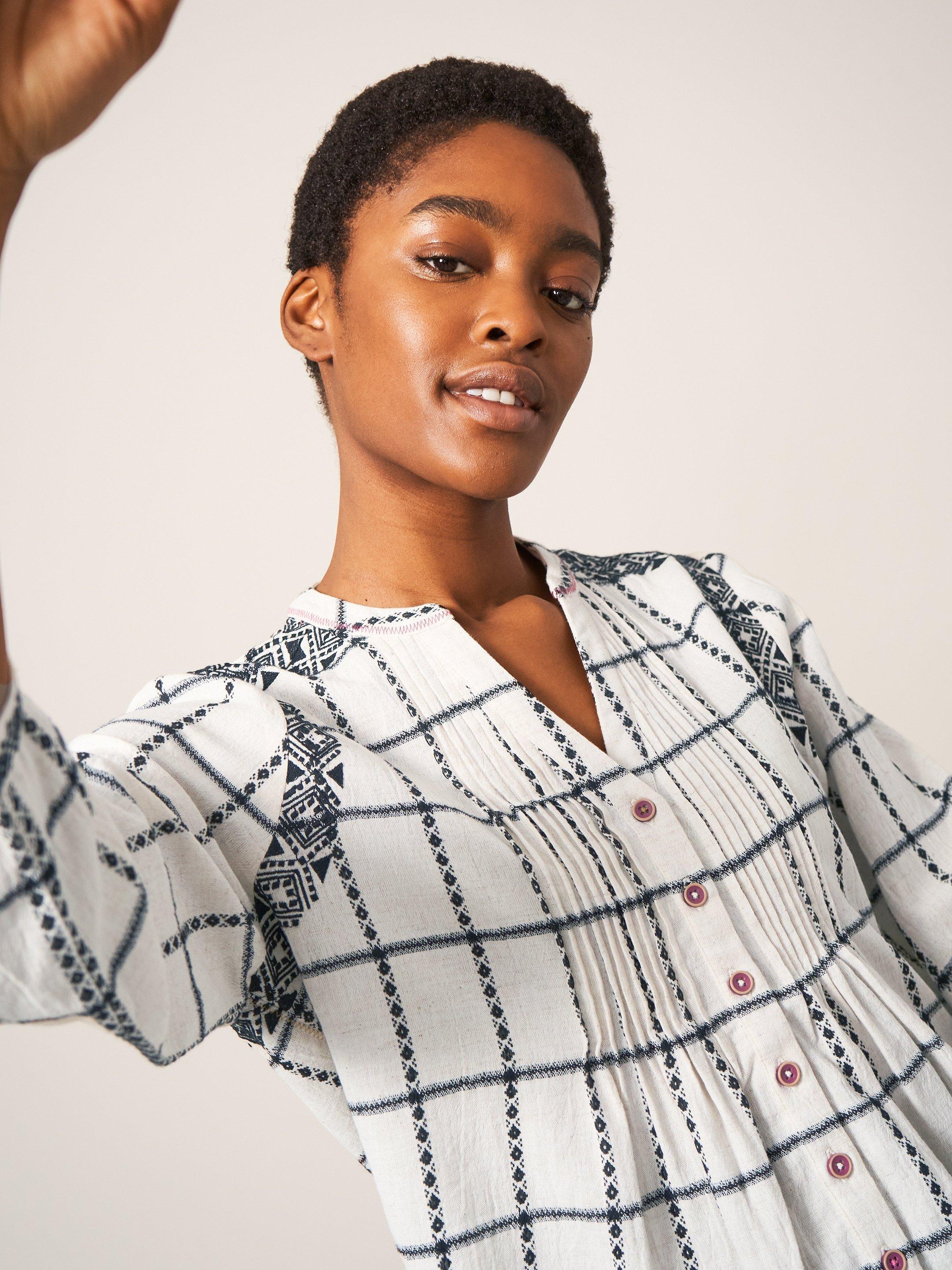 Anya Check Embroidered Shirt in NAT MLT - MODEL DETAIL