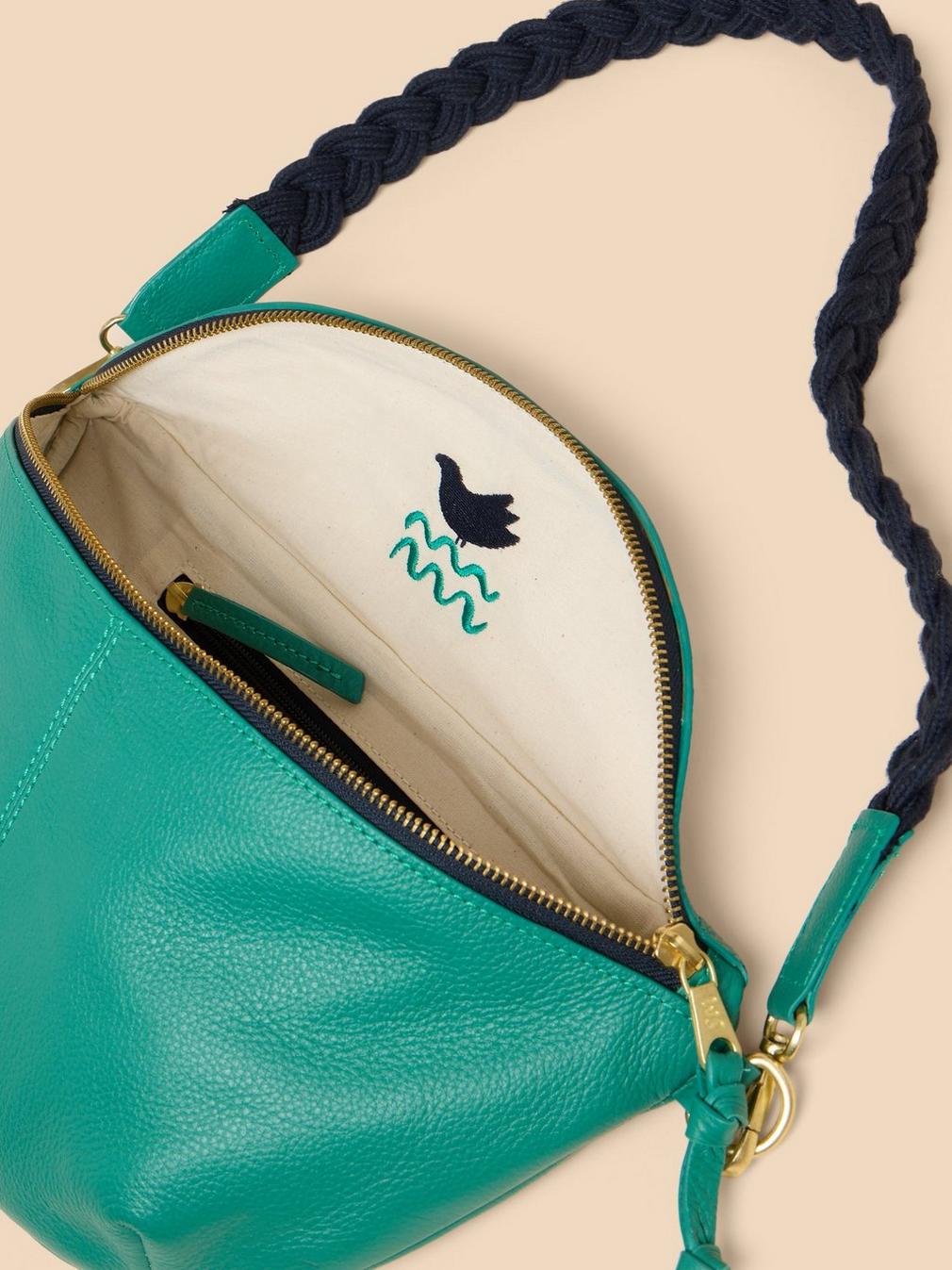 Sebby Leather Sling Bag in BRT GREEN - FLAT DETAIL