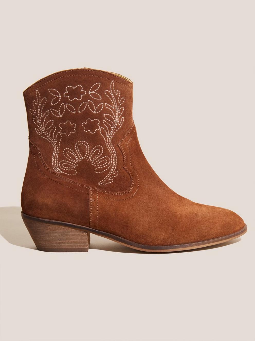 Embroidered Western Boot in MID TAN - MODEL FRONT