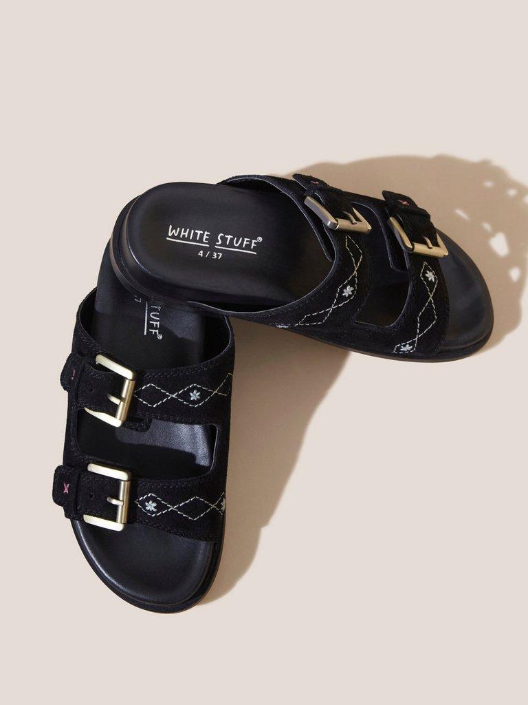 Suede Embroidered Sandals in BLK MLT - FLAT BACK