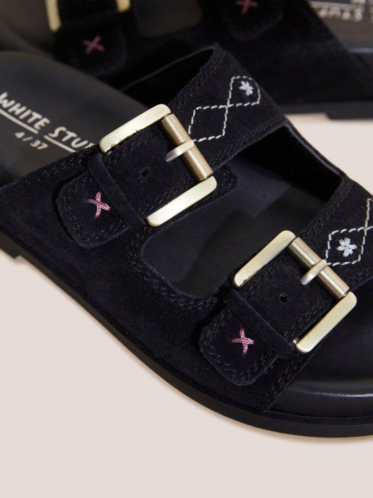Suede Embroidered Sandals in BLK MLT - FLAT DETAIL