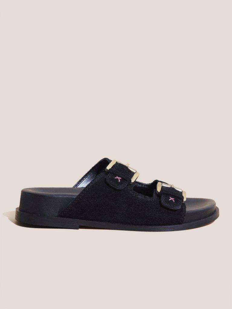 Suede Embroidered Sandals in BLK MLT - FLAT FRONT