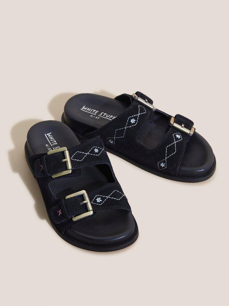 Suede Embroidered Sandals in BLK MLT - MODEL FRONT