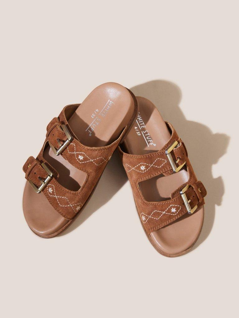 Suede Embroidered Sandals in TAN MULTI - FLAT BACK